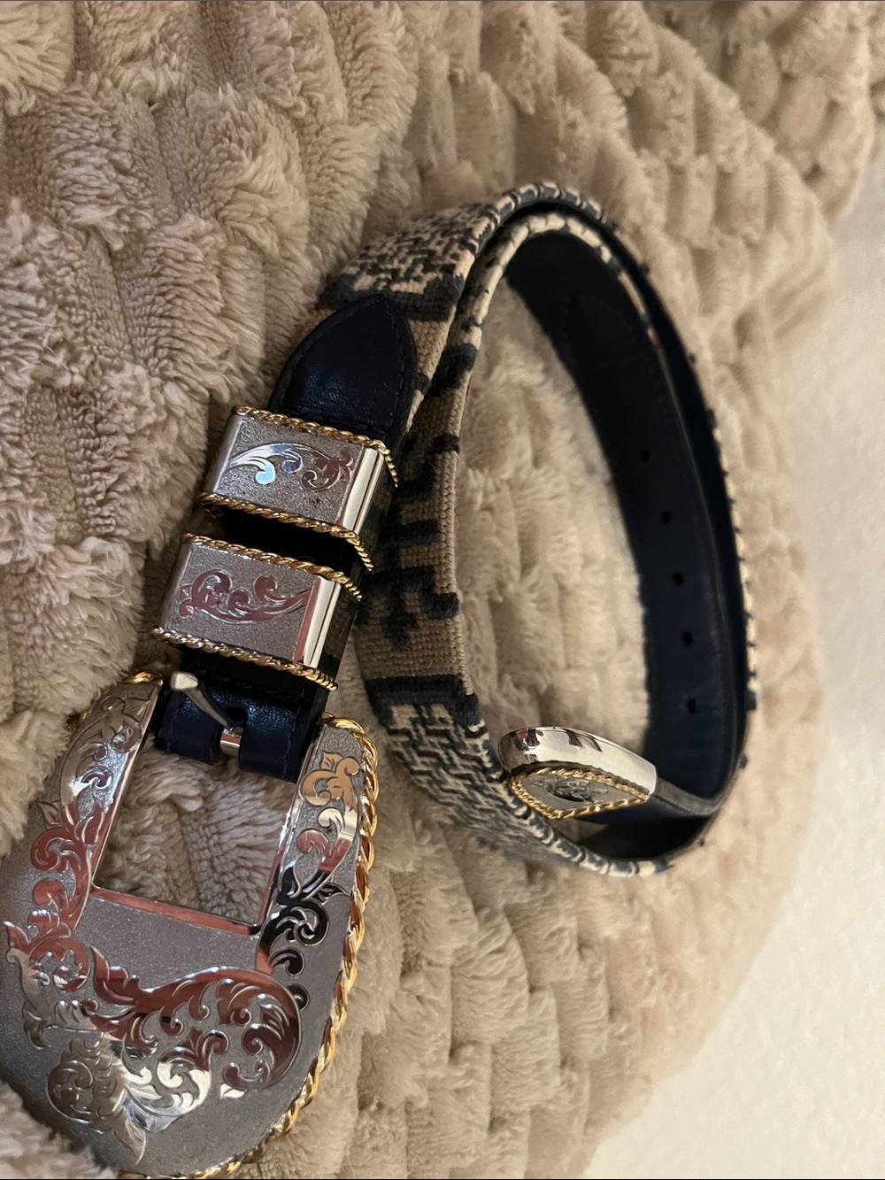 Western Woven Pattern Leather Accent Belt with Decorative Buckle